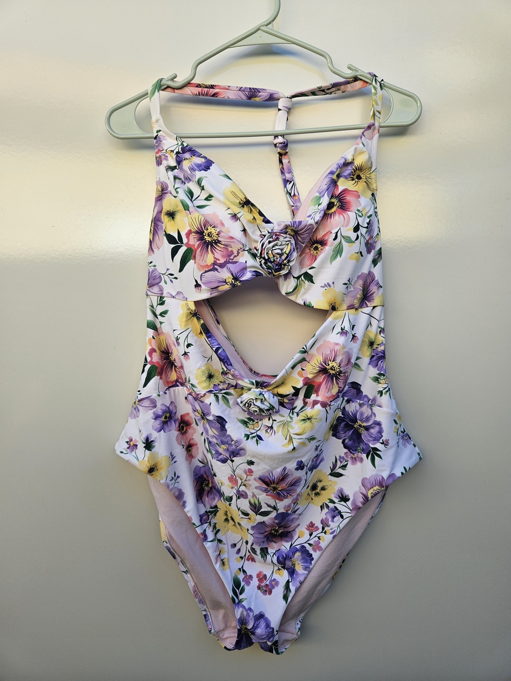 Adore Me White Floral Cutout One-Piece Swimsuit with Purple & Yellow Flowers